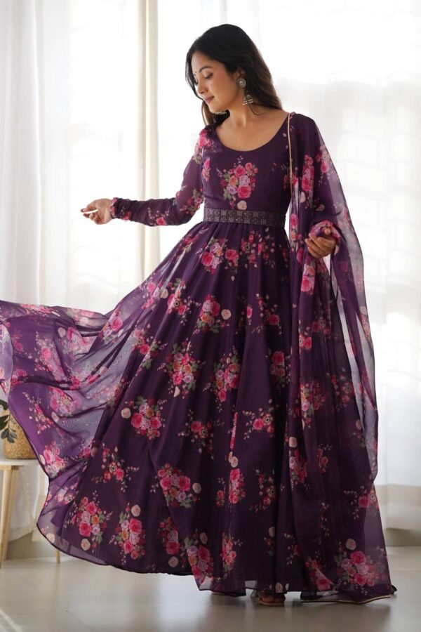 NKB-26WINE_2.jpg Feel Like Royalty in this Wine Color Floral Gown with Lucknowi Belt and Dupatta