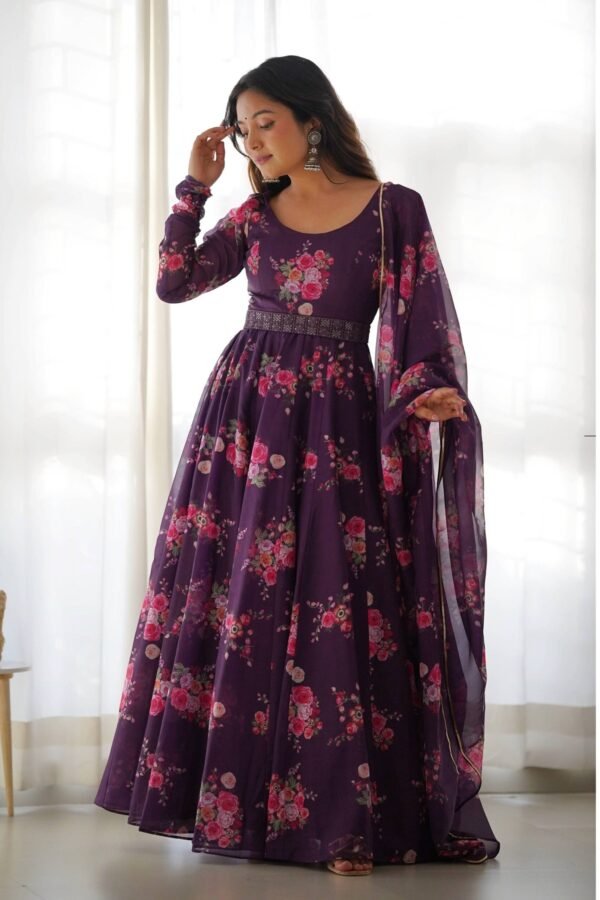 NKB-26WINE_3.jpg Feel Like Royalty in this Wine Color Floral Gown with Lucknowi Belt and Dupatta