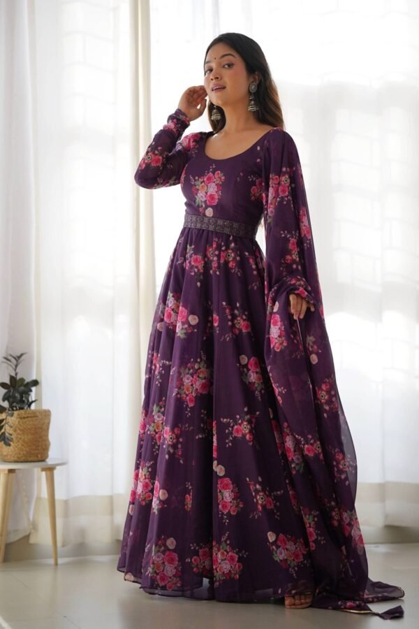 NKB-26_WINE_1.jpg Feel Like Royalty in this Wine Color Floral Gown with Lucknowi Belt and Dupatta