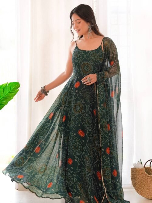 Green Bandhej Print Chiffon Gown with Dupatta - Lightweight & Flowy