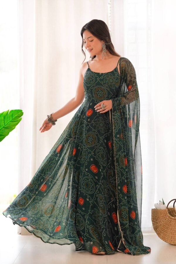NKB-31DARKGREEN_1.jpg Green Bandhej Print Chiffon Gown with Dupatta - Lightweight & Flowy