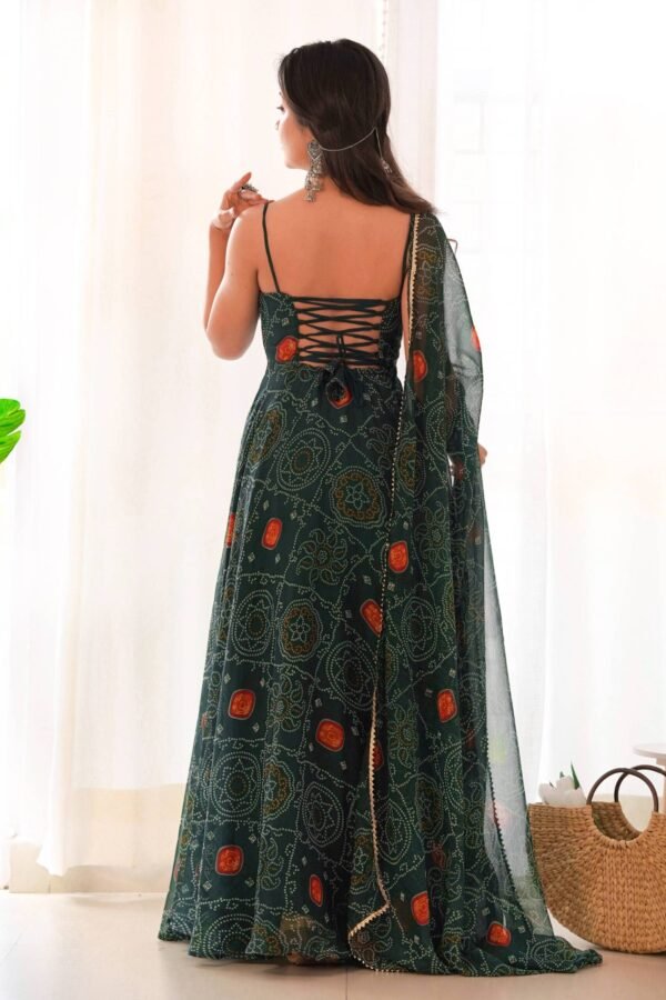 NKB-31DARKGREEN_2.jpg Green Bandhej Print Chiffon Gown with Dupatta - Lightweight & Flowy