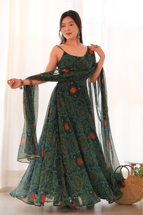 NKB-31DARKGREEN_3.jpg Green Bandhej Print Chiffon Gown with Dupatta - Lightweight & Flowy