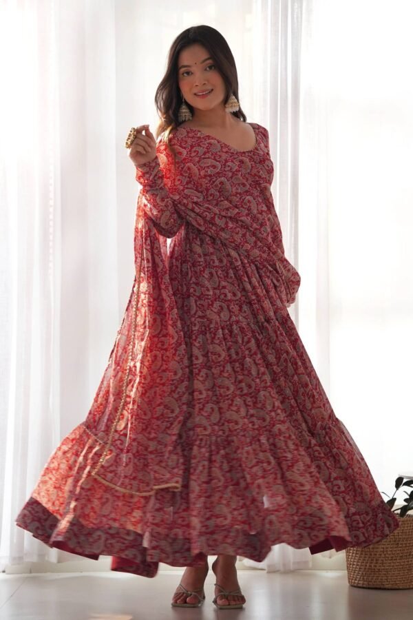 Maroon Kalamkari Print Ready-to-Wear Gown with Dupatta