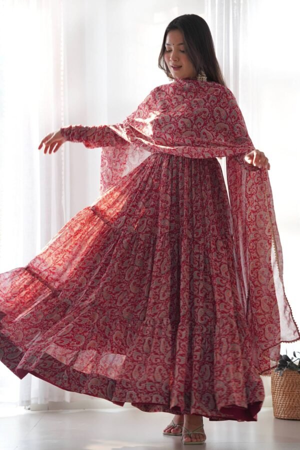 Maroon Kalamkari Print Ready-to-Wear Gown with Dupatta