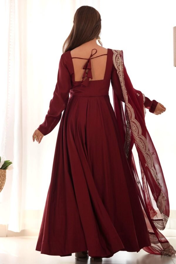 Elegant Maroon Roman Chanderi Silk Anarkali Set with Dupatta and Pants