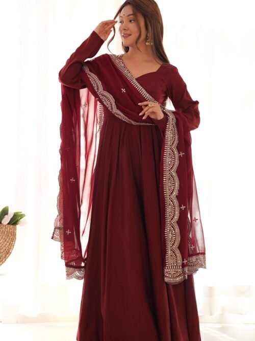 NKB-40MAROON_3.jpg Elegant Maroon Roman Chanderi Silk Anarkali Set with Dupatta and Pants