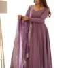 Mauve Pure Romansilk Chanderi Anarkali Suit with Embroidered Dupatta