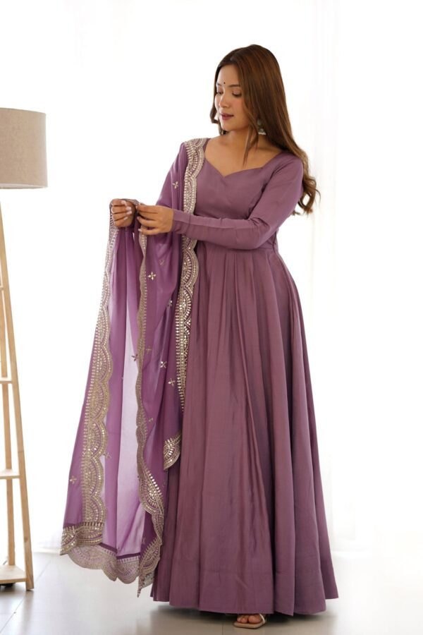 Mauve Pure Romansilk Chanderi Anarkali Suit with Embroidered Dupatta