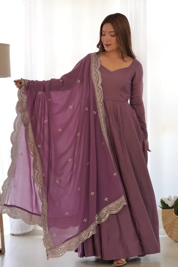 Mauve Pure Romansilk Chanderi Anarkali Suit with Embroidered Dupatta