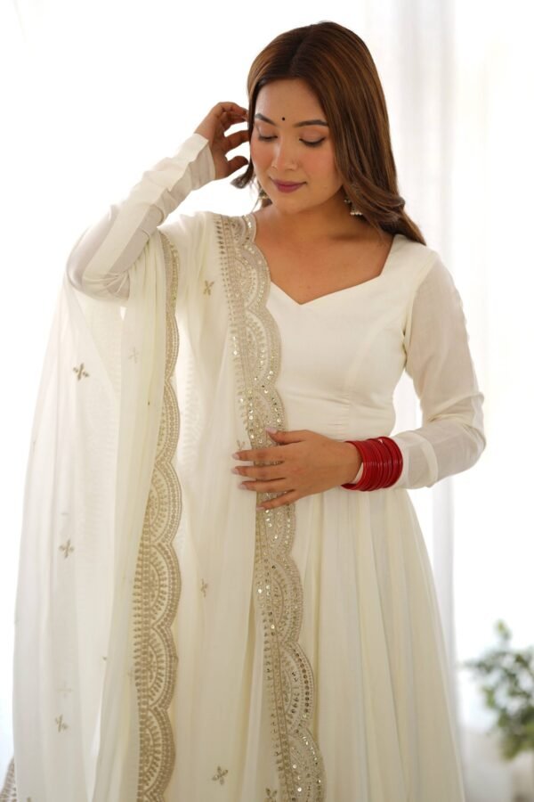 Exquisite White Heavy Pure Romansilk Anarkali Suit with Embroidery Sequence Dupatta