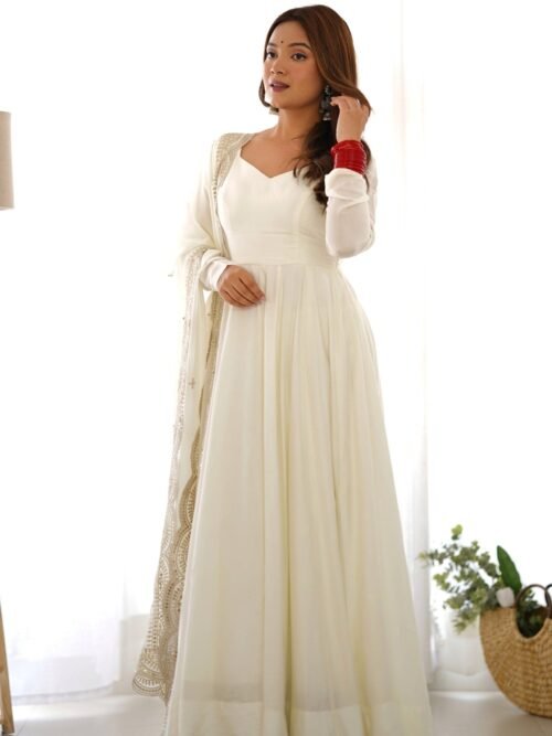 NKB-40WHITE_2.jpg Exquisite White Heavy Pure Romansilk Anarkali Suit with Embroidery Sequence Dupatta