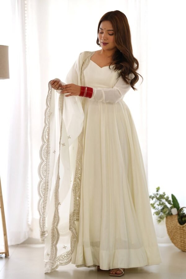 Exquisite White Heavy Pure Romansilk Anarkali Suit with Embroidery Sequence Dupatta