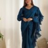 NKB-42TealBlue_4.jpg Blue Color Party Wear Pre-Wrapped Ruffle Saree