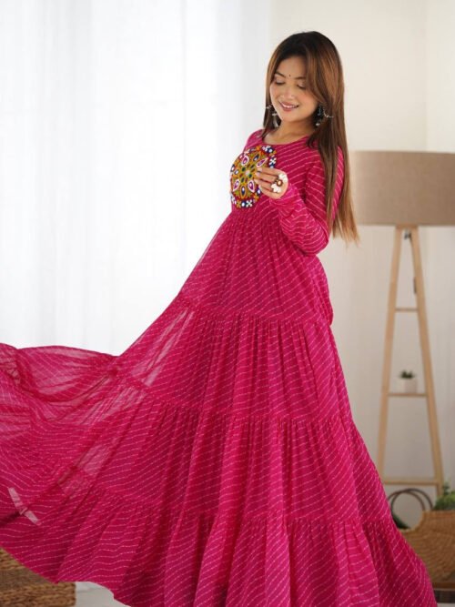 Rani Pink Laheriya Print Traditional Gown