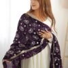 White Silk Anarkali Gown with Purple Heavy Embroidered Dupatta