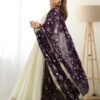 White Silk Anarkali Gown with Purple Heavy Embroidered Dupatta