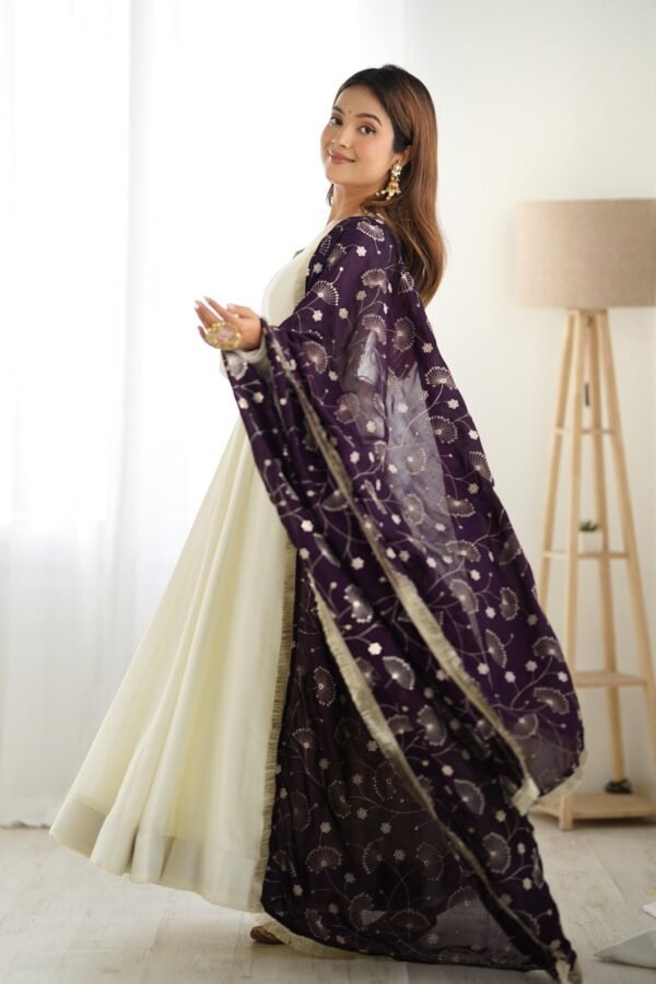White Silk Anarkali Gown with Purple Heavy Embroidered Dupatta