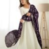 White Silk Anarkali Gown with Purple Heavy Embroidered Dupatta