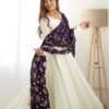 White Silk Anarkali Gown with Purple Heavy Embroidered Dupatta