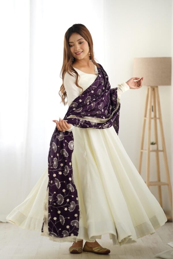 White Silk Anarkali Gown with Purple Heavy Embroidered Dupatta