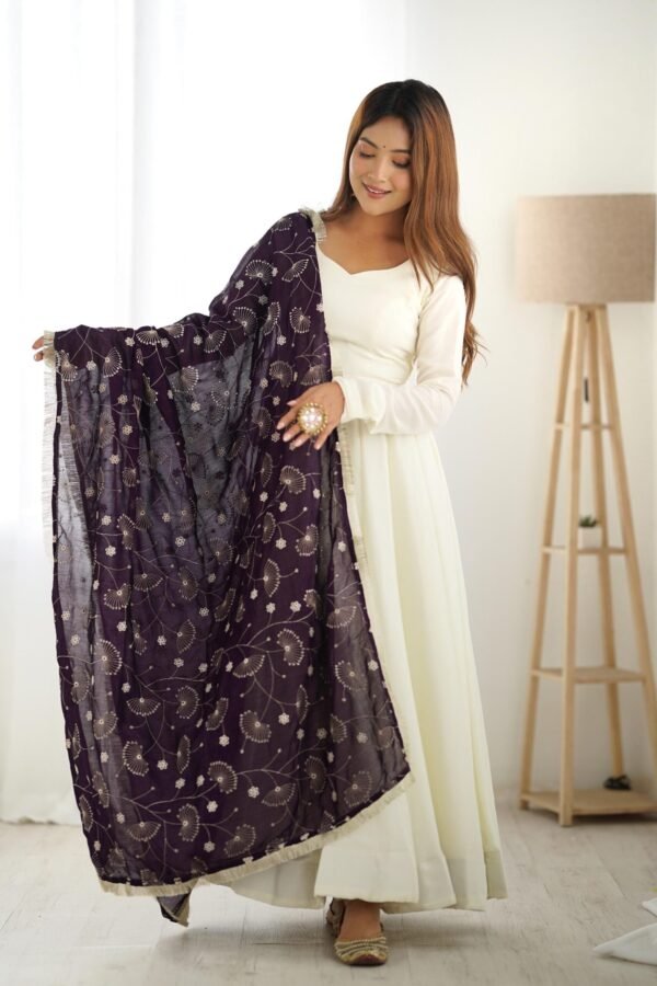 White Silk Anarkali Gown with Purple Heavy Embroidered Dupatta