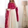 White Vichitra Silk Anarkali Suit with Rani Pink Heavy Dupatta