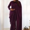Wine Velvet Ready-to-Wear Saree with Fully Stitched Blouse