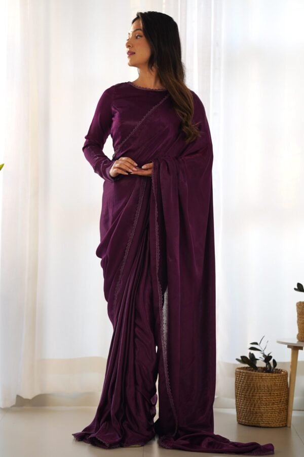 Wine Velvet Ready-to-Wear Saree with Fully Stitched Blouse