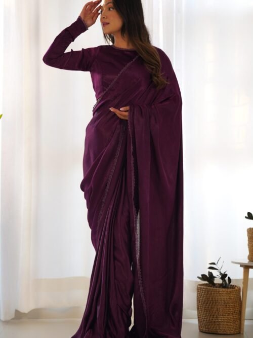 Wine Velvet Ready-to-Wear Saree with Fully Stitched Blouse