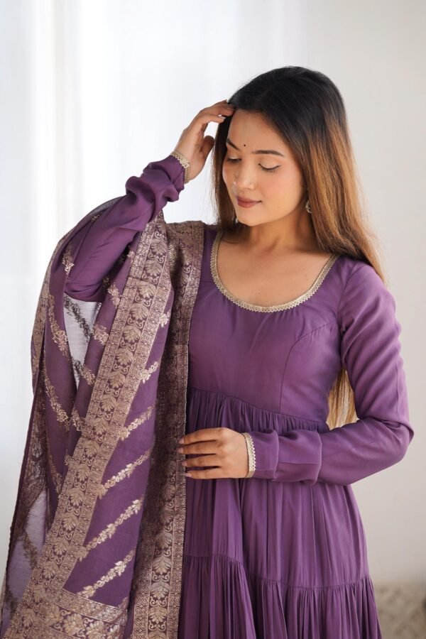 Lavender Heavy Roman Silk Chanderi Anarkali Suit Set