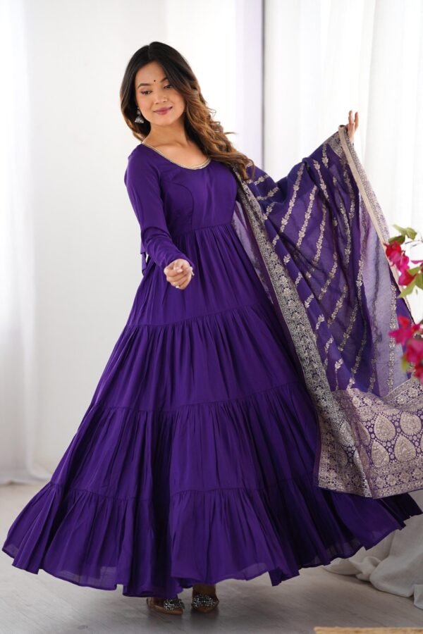 Purple Roman Silk Four-Layer Anarkali Gown Set