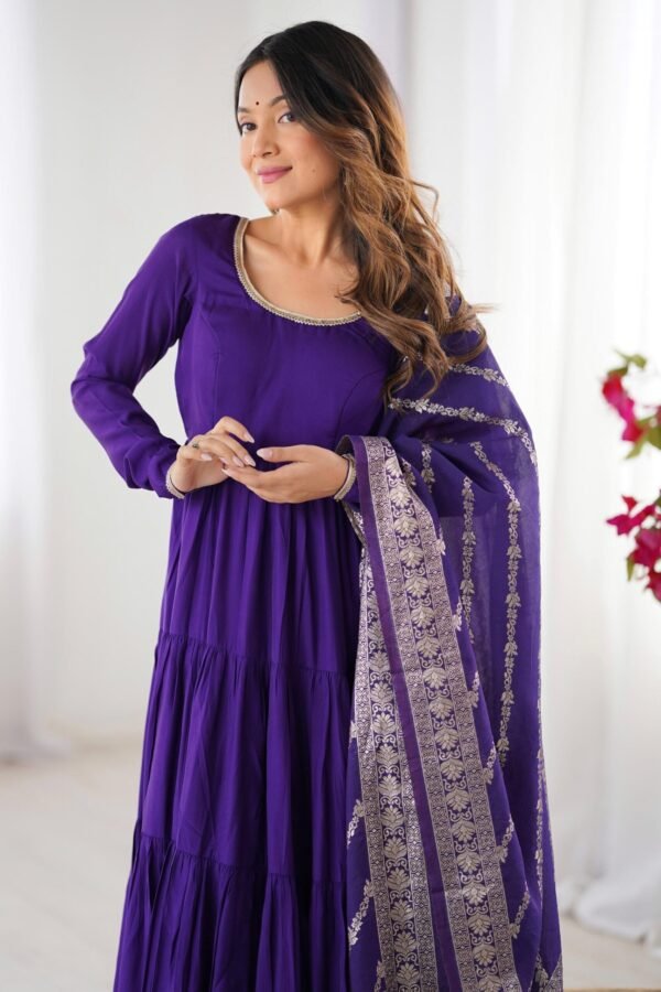 Purple Roman Silk Four-Layer Anarkali Gown Set