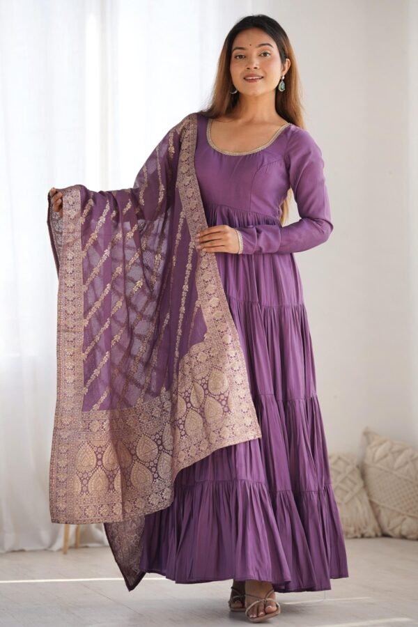 Lavender Heavy Roman Silk Chanderi Anarkali Suit Set