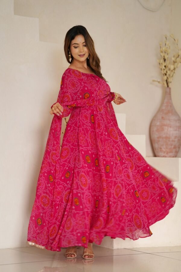 Rani Pink Bandhej Print Chiffon Anarkali Suit Set