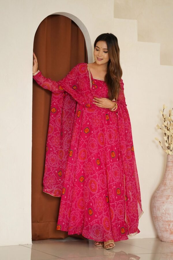 Rani Pink Bandhej Print Chiffon Anarkali Suit Set