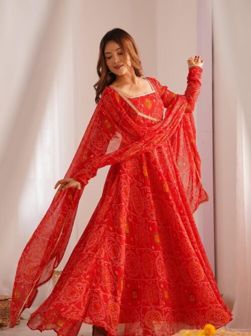 Red Bandhej Print Chiffon Anarkali Suit Set