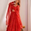 Red Bandhej Print Chiffon Anarkali Suit Set