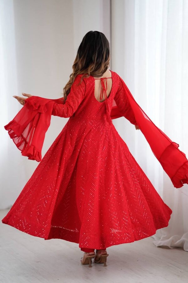 Red Color Lucknowi Work Anarkali Suit with Ruffle Dupatta
