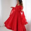Red Color Lucknowi Work Anarkali Suit with Ruffle Dupatta
