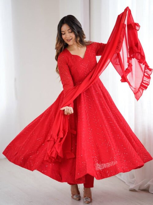 Red Color Lucknowi Work Anarkali Suit with Ruffle Dupatta
