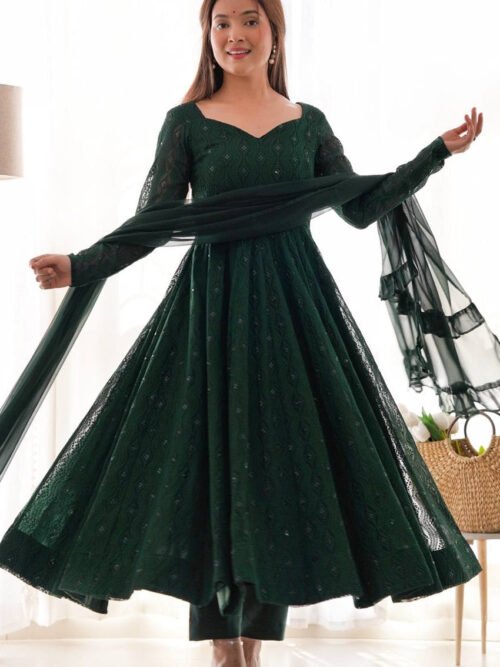 NKB-58_2.jpg Lucknowi Work Jungle Green Anarkali Suit