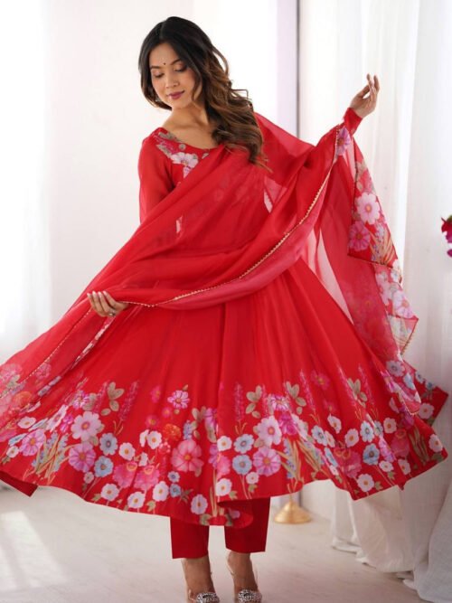 Red Organza Anarkali Suit Set