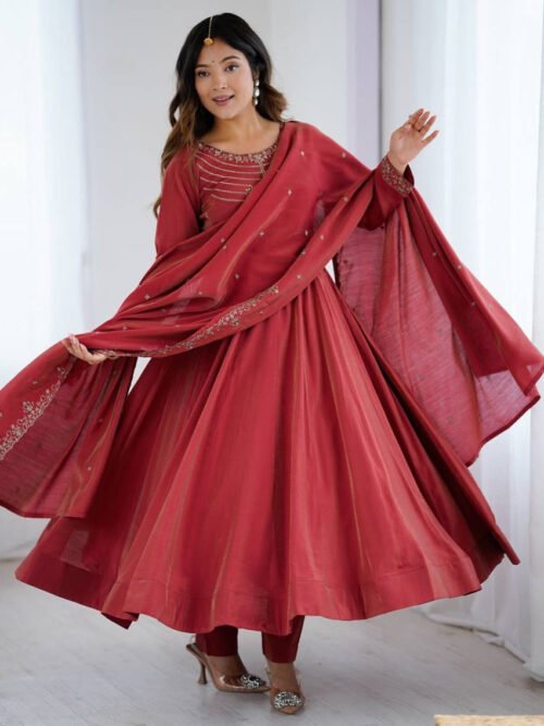 NKB-62MAROON_5.jpg Carmine Roman Chanderi Silk Anarkali Suit