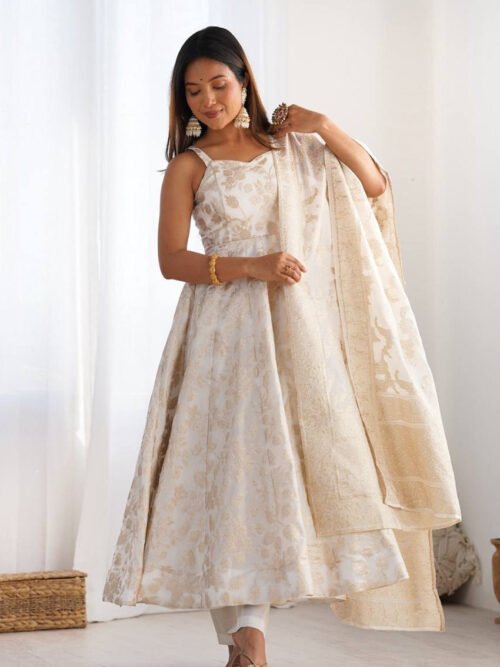 White Banarasi Jacquard Dola Silk Anarkali Suit