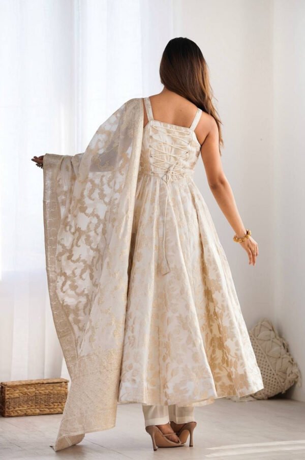 White Banarasi Jacquard Dola Silk Anarkali Suit