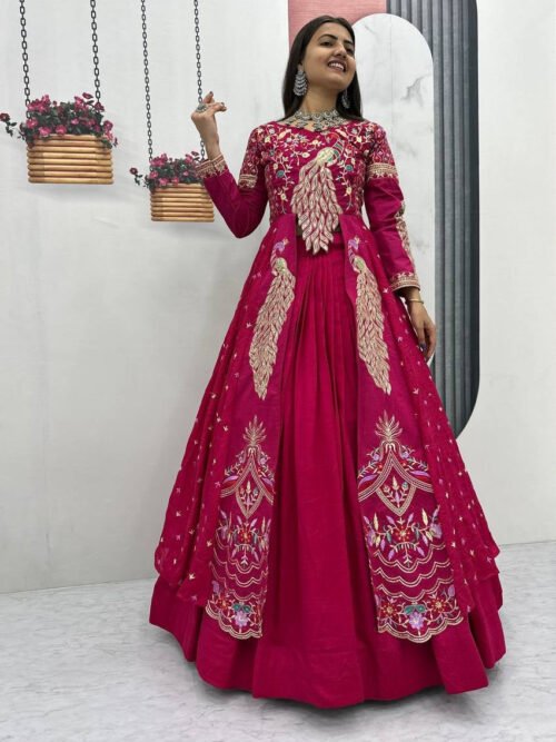Crimson Color Crop Top Lehenga with Embroidered Shrug