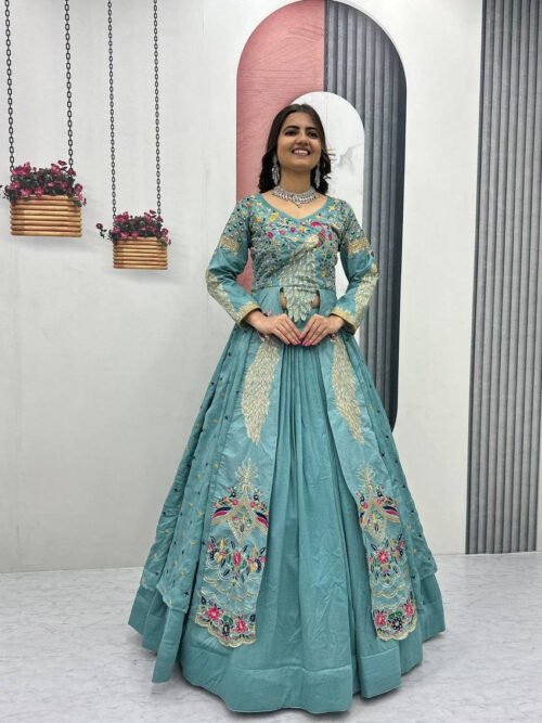 Pc-528_18.jpg Misty Teal Crop Top Lehenga with Embroidered Shrug