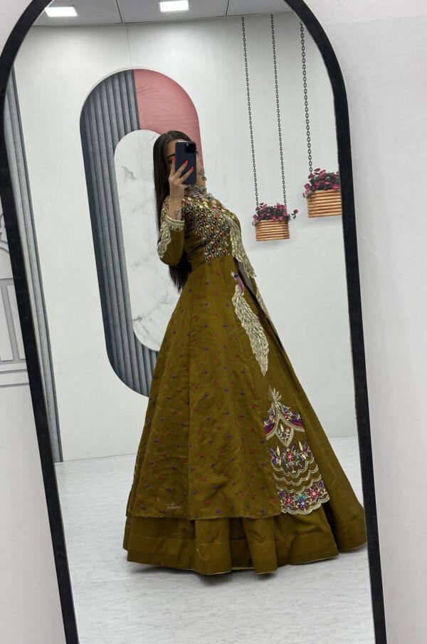 Pc-528_6.jpg Mustard Green Crop Top Lehenga with Embroidered Shrug