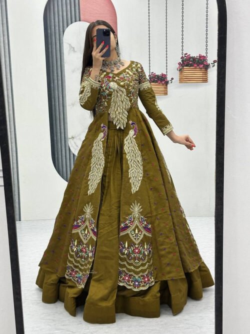 Pc-528_8.jpg Mustard Green Crop Top Lehenga with Embroidered Shrug